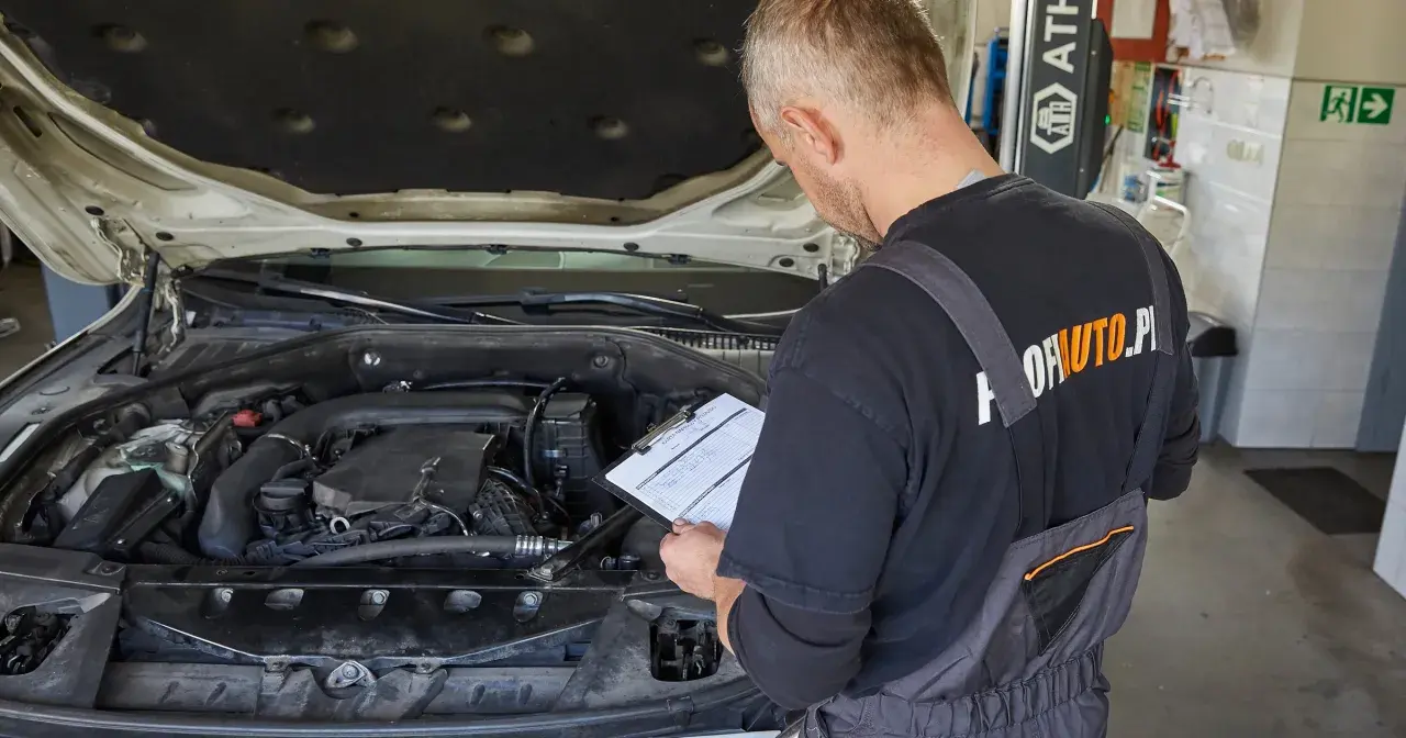 Mechanik sprawdza dokumentację przy otwartej masce samochodu. Czy wymiana oleju poza ASO a gwarancja to dobry pomysł?