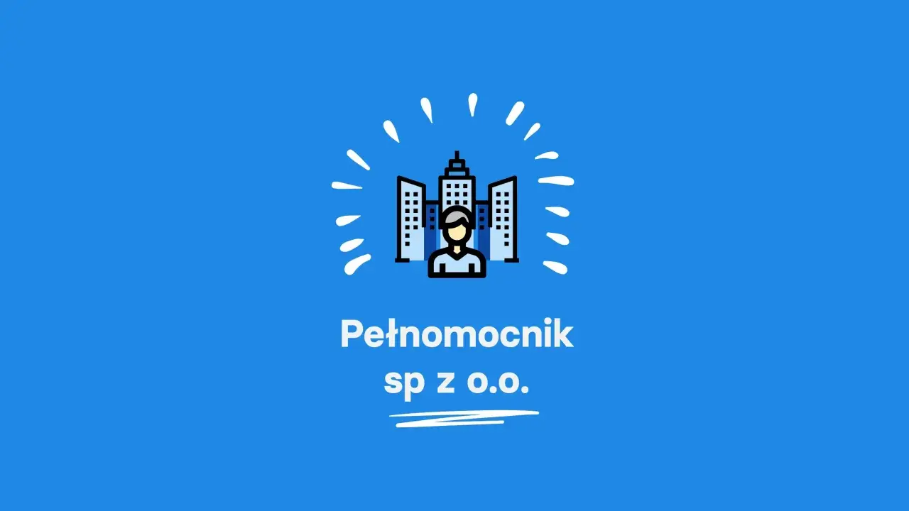 Ikona przedstawia człowieka przed budynkami, symbolizując firmę. Pełnomocnik sp. z o.o. to firma, która reprezentuje interesy innych.
