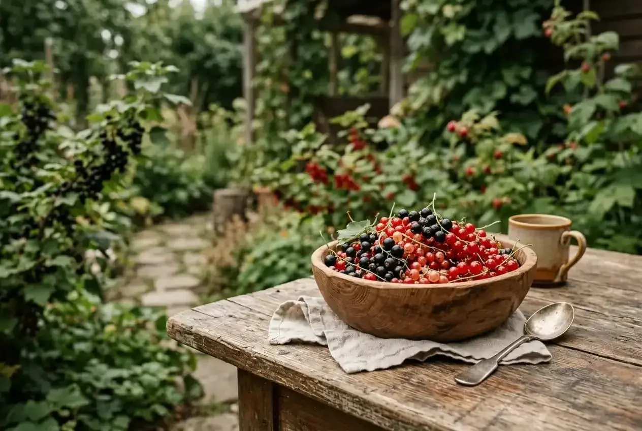 Schwarze Johannisbeeren und rote Johannisbeeren in einer Holzschale auf einem rustikalen Tisch im Garten. Ein Löffel und eine Tasse daneben.
