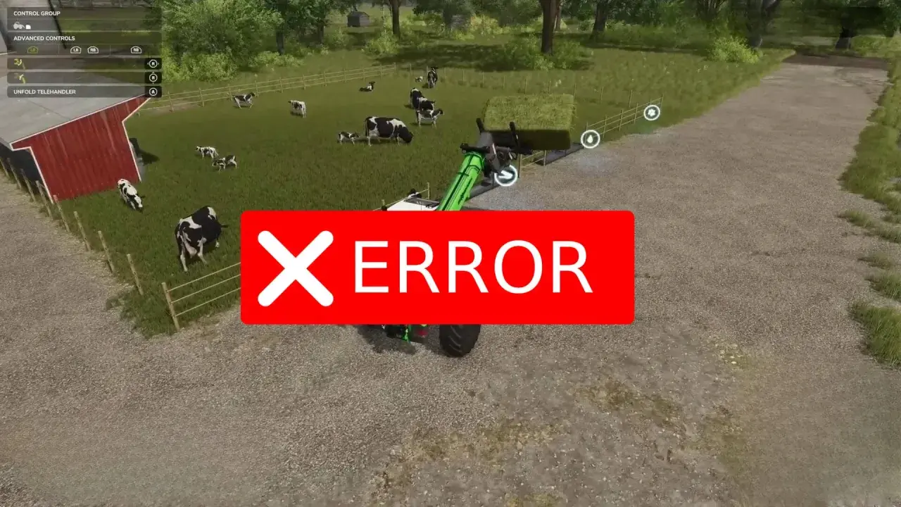 Błąd w grach farmerskich po polsku. Krowy na pastwisku, traktor z teleskopowym ładowaczem.