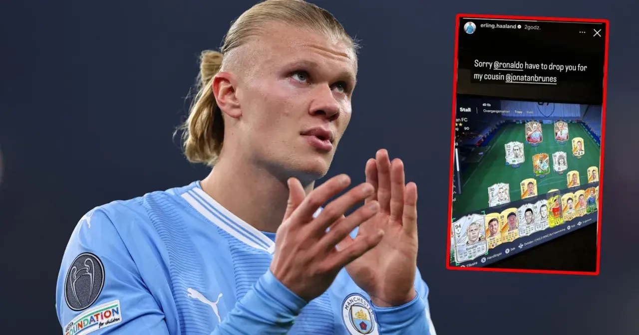 Erling Haaland w koszulce Manchesteru City, obok zrzut ekranu z gry FIFA, gdzie usuwa Ronaldo ze składu dla kuzyna.