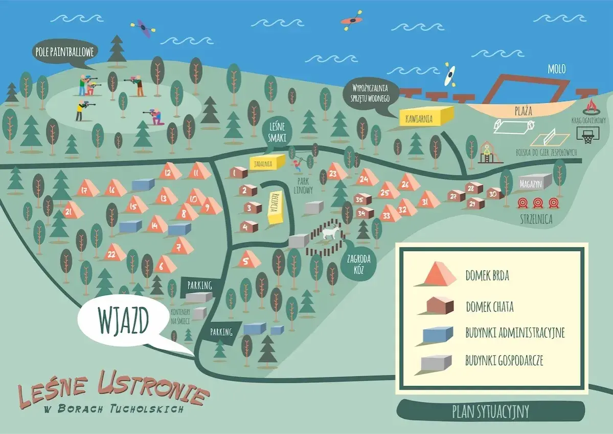 Mapa Leśnego Ustronia w Borach Tucholskich. Widok na pole paintballowe, wypożyczalnię sprzętu wodnego, plażę, strzelnicę i domki.