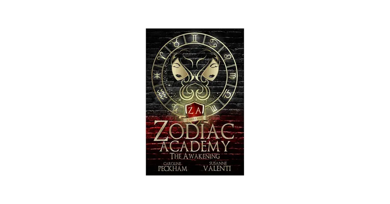 Okładka książki "Zodiac Academy po polsku". Złoty symbol bliźniąt na tle ceglanego muru.