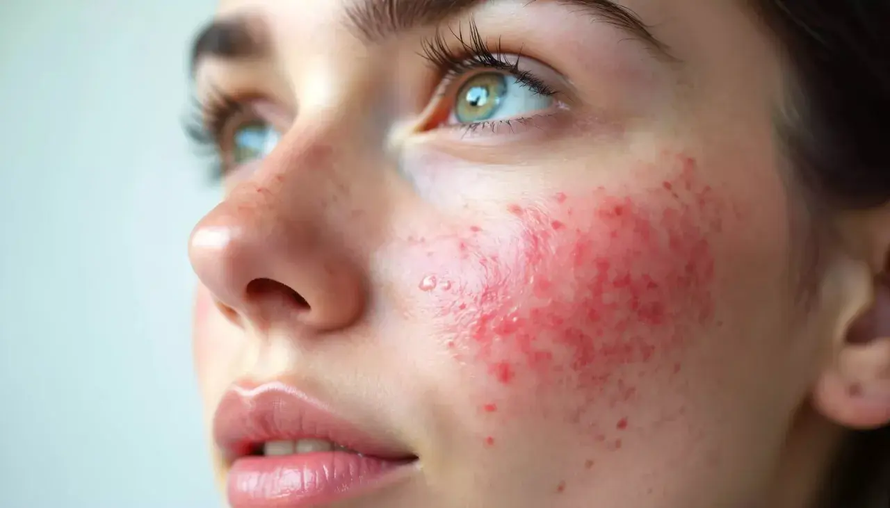 Gros plan sur le visage d'une jeune femme, montrant une **peau irritée qui brûle** sur sa joue, avec des rougeurs et des petites pustules.