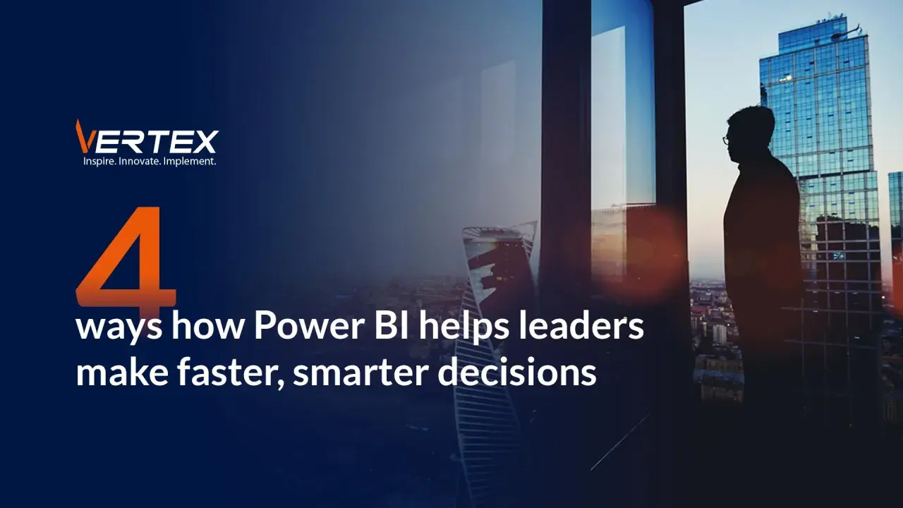 A silhouette of a leader gazes at a cityscape, embodying the informational power of Power BI to drive faster, smarter decisions.