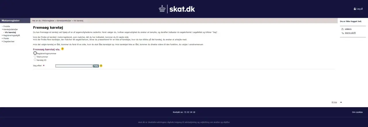 Formular do wyszukiwania pojazdów na stronie skat.dk, z polami wyboru i polem do wpisania numeru rejestracyjnego.