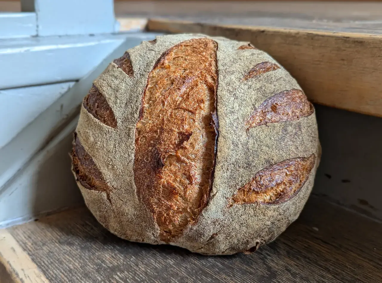 Ein goldbraunes Sauerteigbrot mit markanter Kruste und Einschnitten liegt auf einem Holzbrett. Die Frage "wie lange sauerteigbrot gehen lassen" beschäftigt Bäcker weltweit.