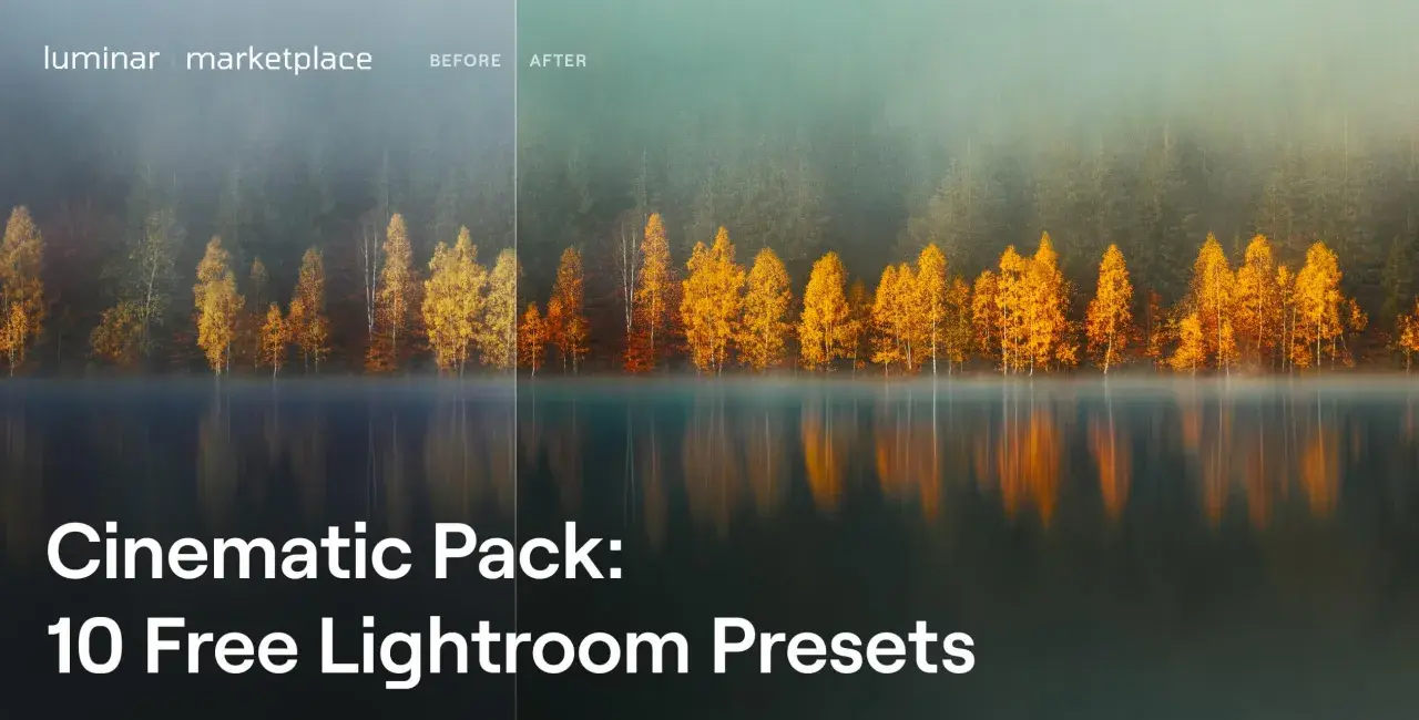 Przed i po: jesienny las nad jeziorem, zintensyfikowany dzięki darmowym presetom Lightroom.