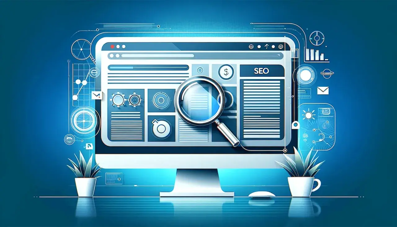 Grafika przedstawia ekran komputera z lupą nad panelem SEO. Analiza danych i statystyk na jednej stronie.