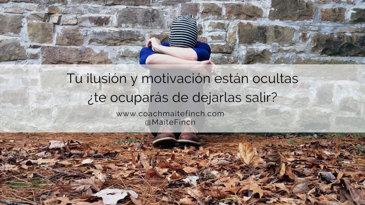 Persona sentada contra pared de piedra, con hojas secas en el suelo. El texto pregunta: "¿Qué es la motivación? Tu ilusión y motivación están ocultas. ¿Te ocuparás de dejarlas salir?".