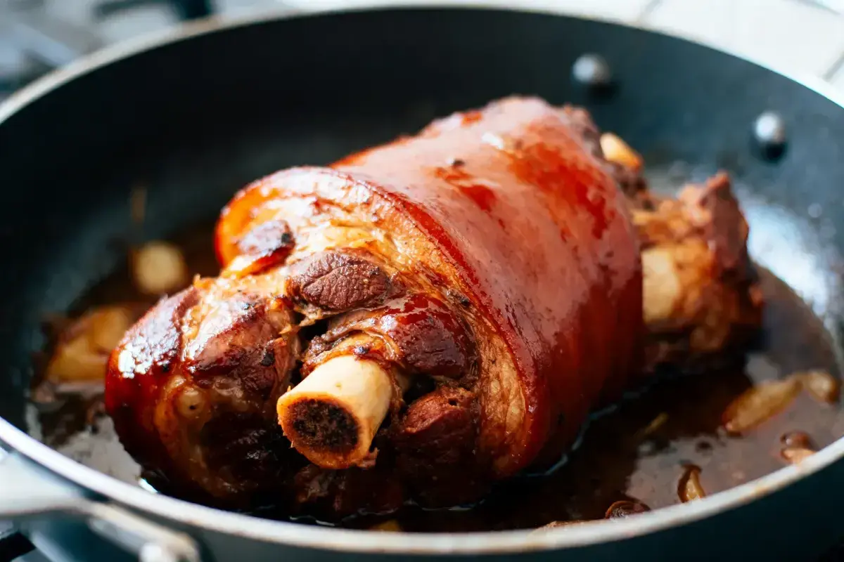 Un magnifique jarret de porc au four, la peau dorée et brillante, mijote dans sa sauce savoureuse avec des gousses d'ail.
