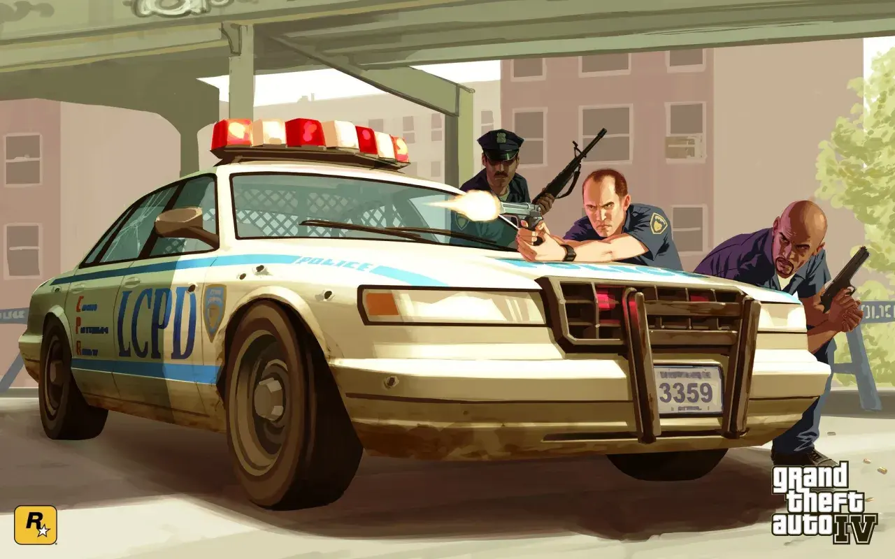 Policjanci z LCPD w akcji, gotowi do strzału. Może przydałyby się im **GTA 4 kody** na nieśmiertelność?