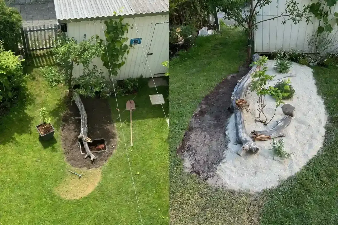 Ein Garten wird umgestaltet. Links: Rasen, Baum, Schaufel. Rechts: Sandbeet mit Treibholz und Pflanzen, ein tierfreundlicher Garten entsteht.