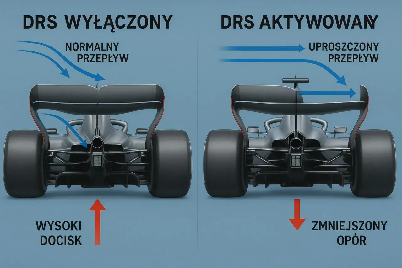 Bolid F1 z DRS wyłączonym generuje wysoki docisk, a z włączonym DRS zmniejsza opór powietrza.