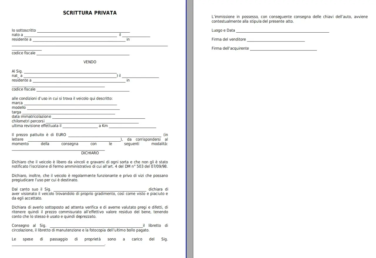 Scrittura privata per vendita auto tra privati. Documento con campi da compilare per dati venditore, acquirente, veicolo e accordi.