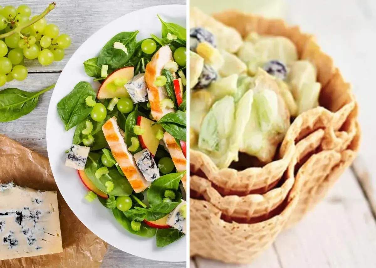 Ensalada de pollo con espinacas, uvas, manzana y queso azul. Al lado, una ensalada cremosa servida en cucuruchos de helado.