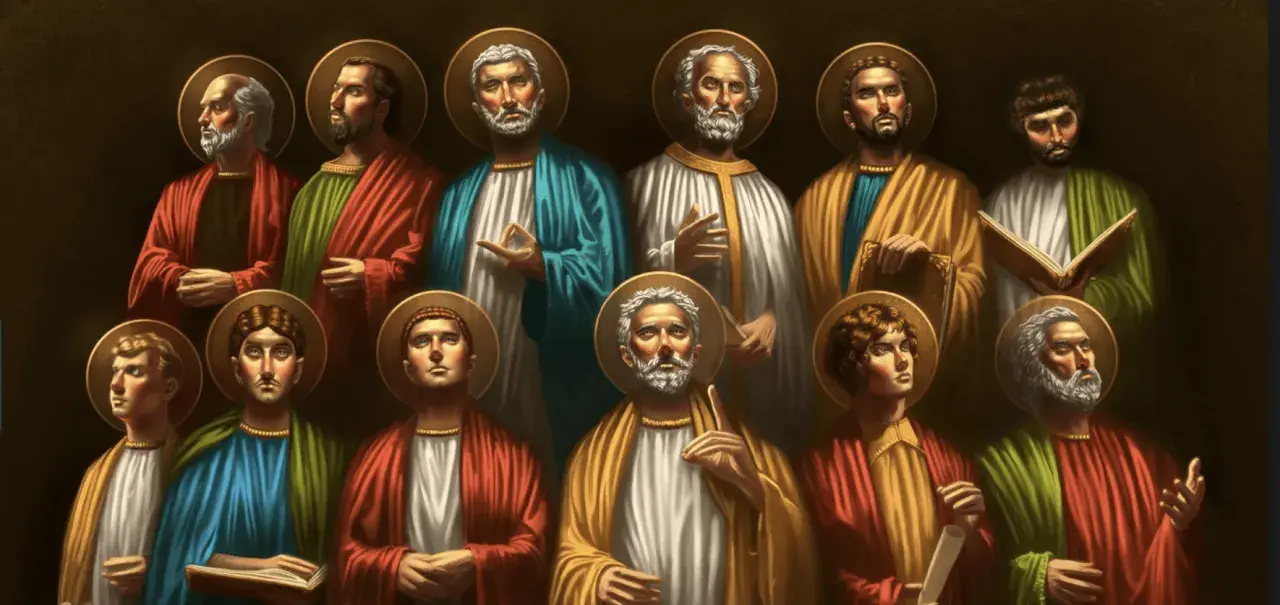 Grupa świętych z aureolami, przedstawiająca 12 apostołów w barwnych szatach, z księgami i gestami błogosławieństwa.