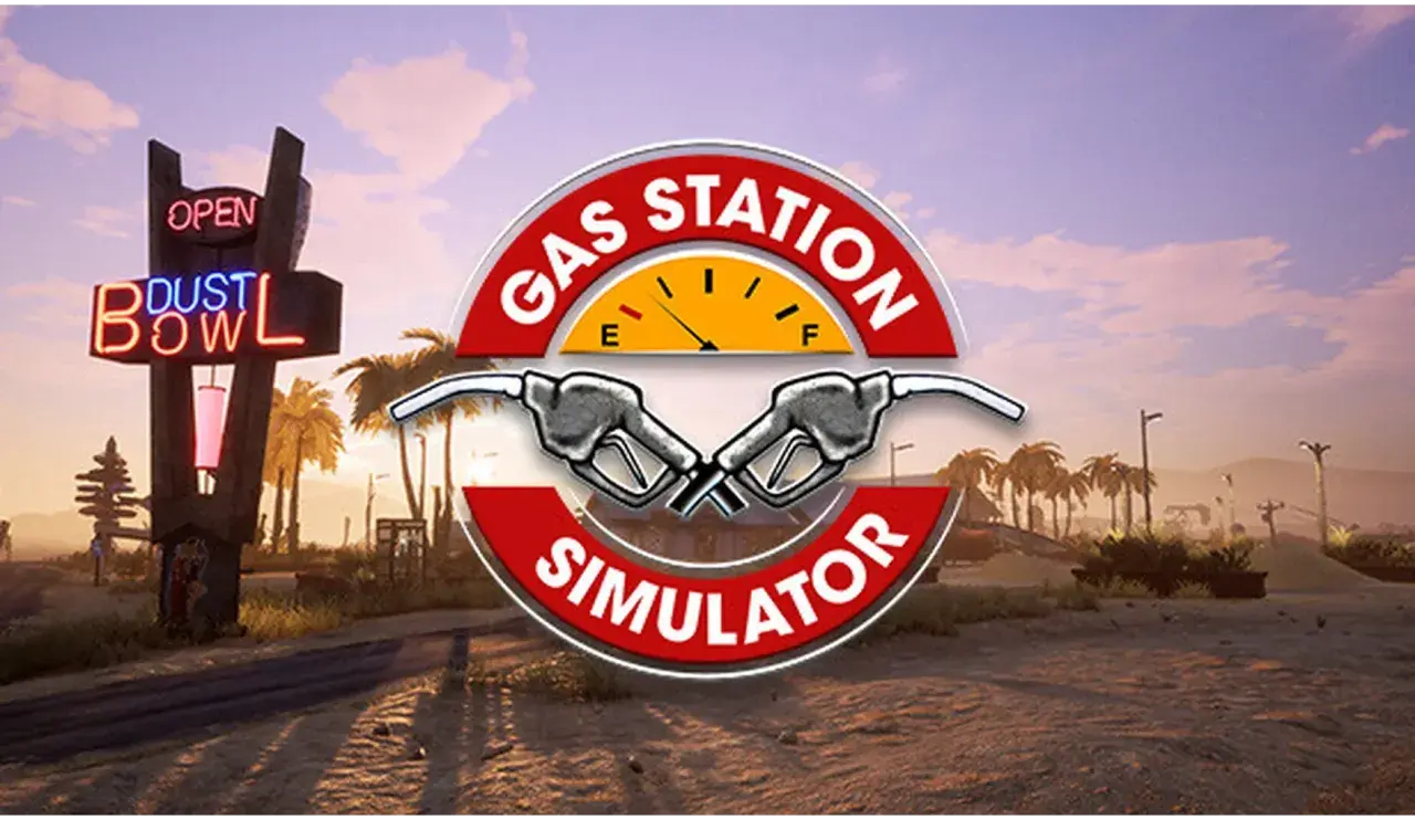 Logo Gas Station Simulator z neonowym znakiem "Dust Bowl" i pustynnym krajobrazem.