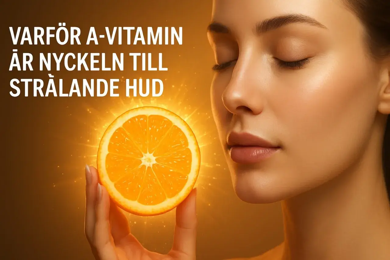 En kvinna med slutna ögon håller upp en apelsinskiva som lyser. Texten "Varför A-vitamin är nyckeln till strålande hud" antyder att vitaminet ger en frisk och glödande hud.