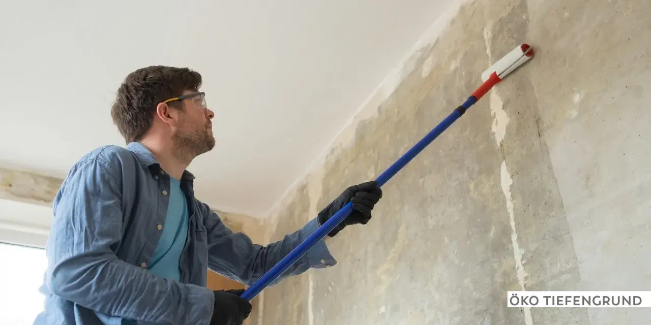 Mann mit Schutzbrille trägt eine Grundierung auf eine rohe Wand auf, um sie für die weitere Bearbeitung vorzubereiten.