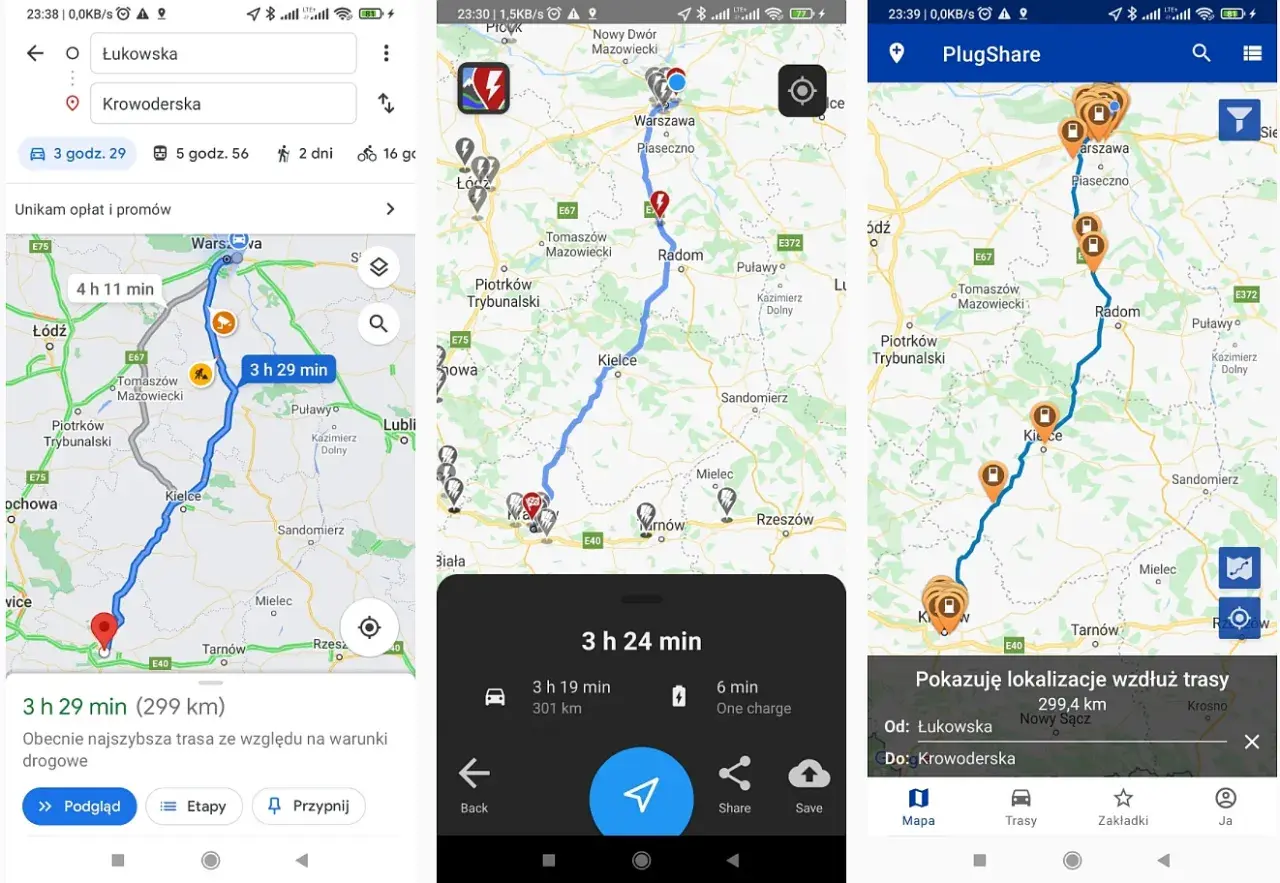 Trasa z Łukowskiej do Krowoderskiej, z zaznaczonymi stacjami ładowania, idealna dla współczesnych nomadów podróżujących elektrycznie.