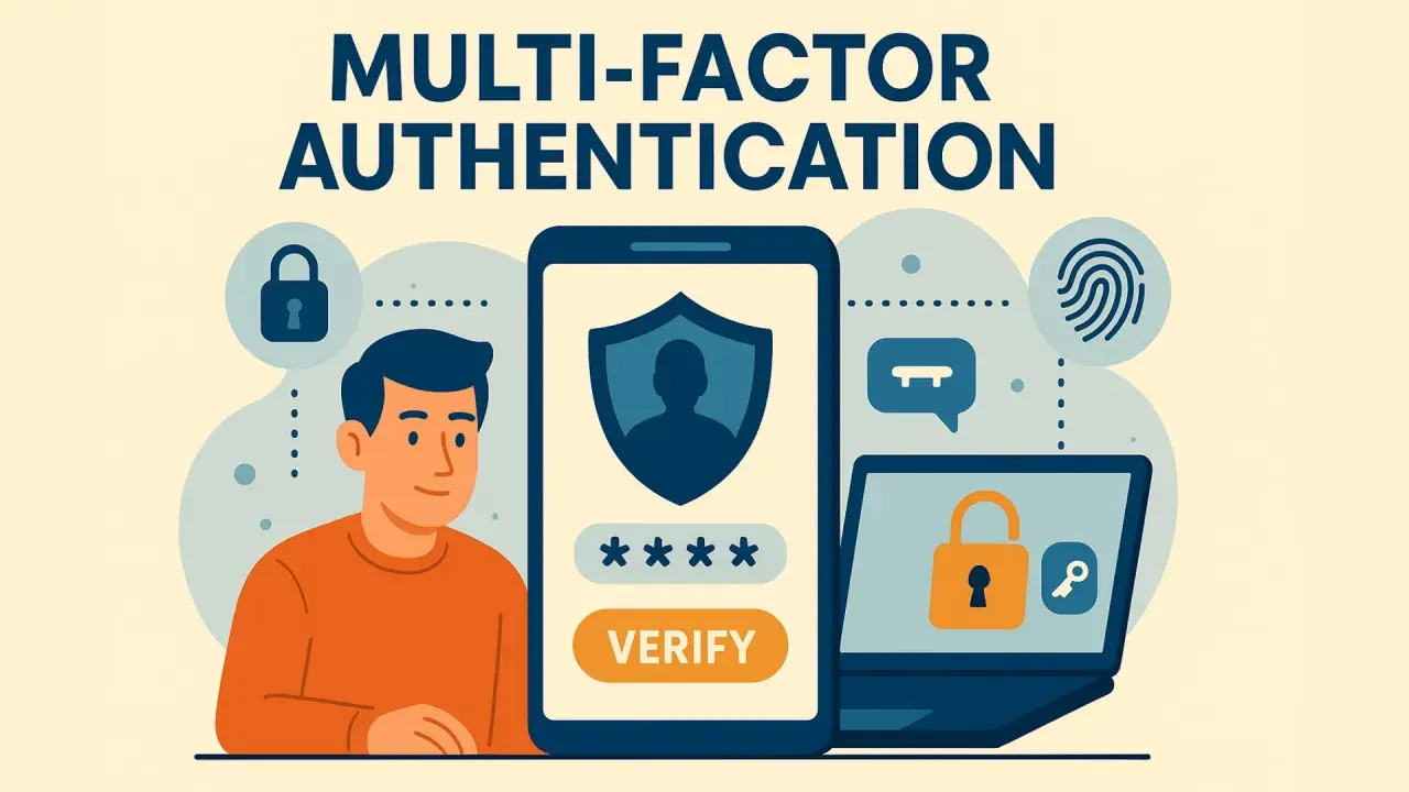 Illustration sur la sécurité numérique : un homme, un smartphone affichant un code et un ordinateur portable avec un cadenas symbolisent l'authentification multi-facteurs.