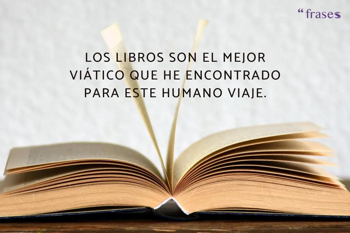Un libro abierto con la cita "Los libros son el mejor viático que he encontrado para este humano viaje". Inspiración para frases del Día del Libro para niños.