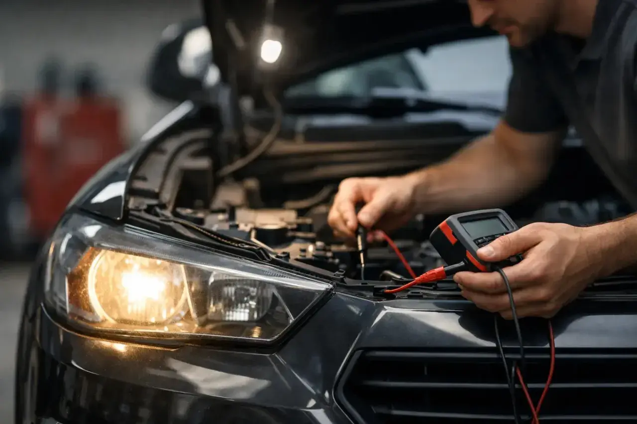 Mekaniker kontrollerar bilens elsystem med multimeter, kanske för att åtgärda dåligt halvljus.