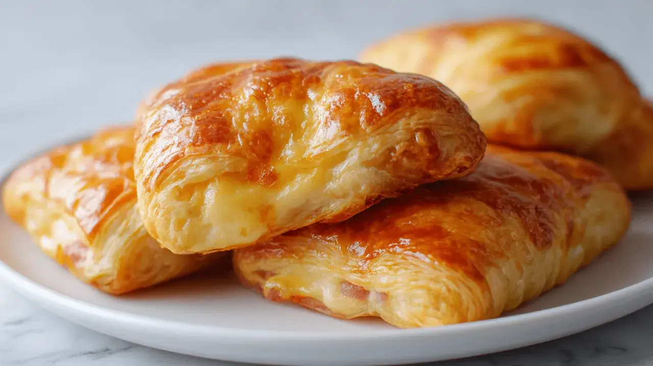 Croissants dorés et feuilletés, garnis d'un savoureux mélange de jambon et fromage fondant, sur une assiette blanche.