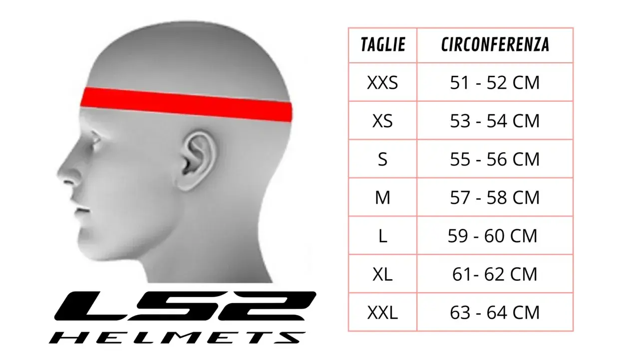 Tabella misure casco LS2: la circonferenza della testa in cm per ogni taglia, da XXS a XXL.