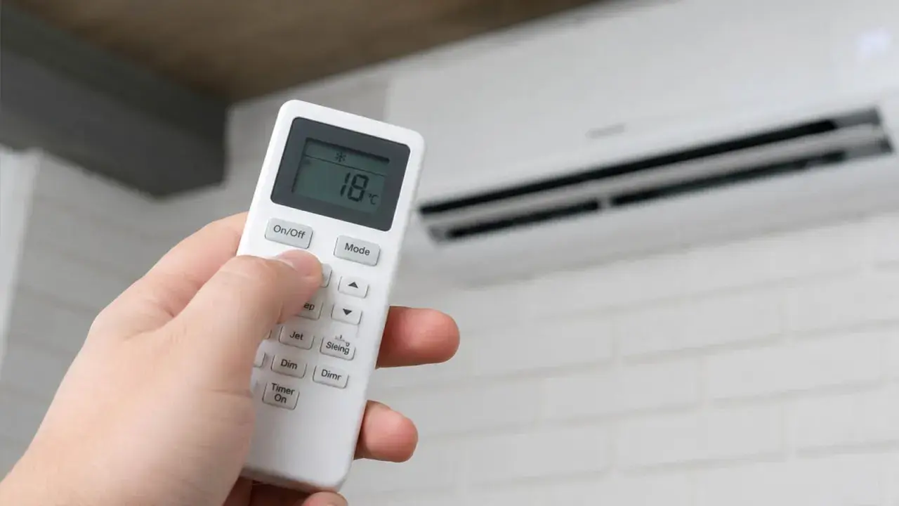 Mano ajustando el control remoto del aire acondicionado para un boost de aire fresco a 18°C.