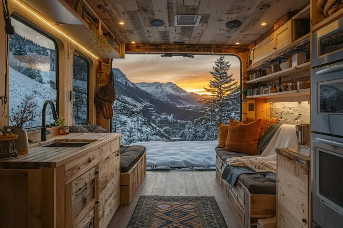 Intérieur d'un poid lourd aménagé avec une cuisine en bois, un coin salon confortable et une vue imprenable sur des montagnes enneigées au coucher du soleil.