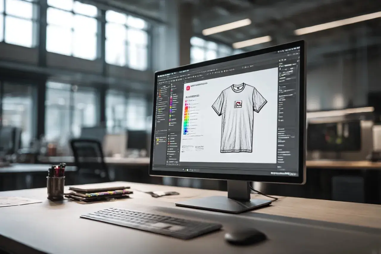 Un designer travaille sur un t-shirt. Il choisit des couleurs et un logo, se demandant "que veut dire bat" pour le design.