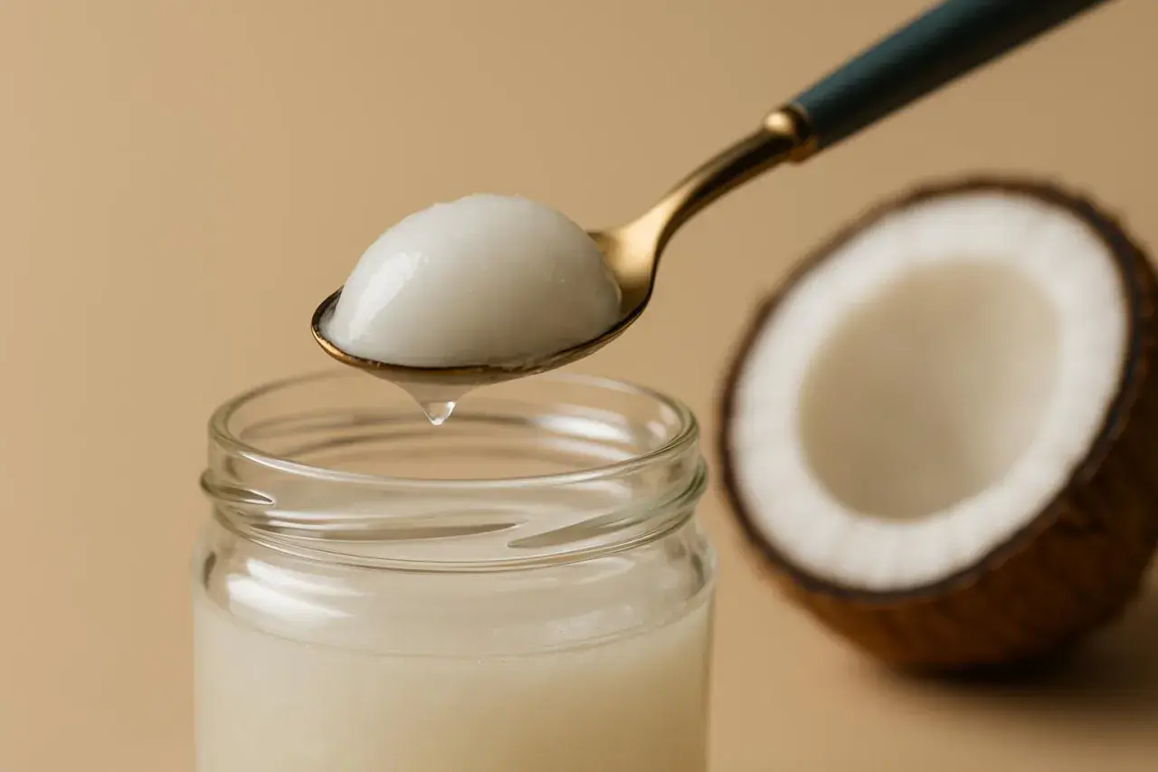 Olio di cocco a cosa serve? Un cucchiaio raccoglie il prezioso olio da un barattolo, accanto a un cocco tagliato a metà.