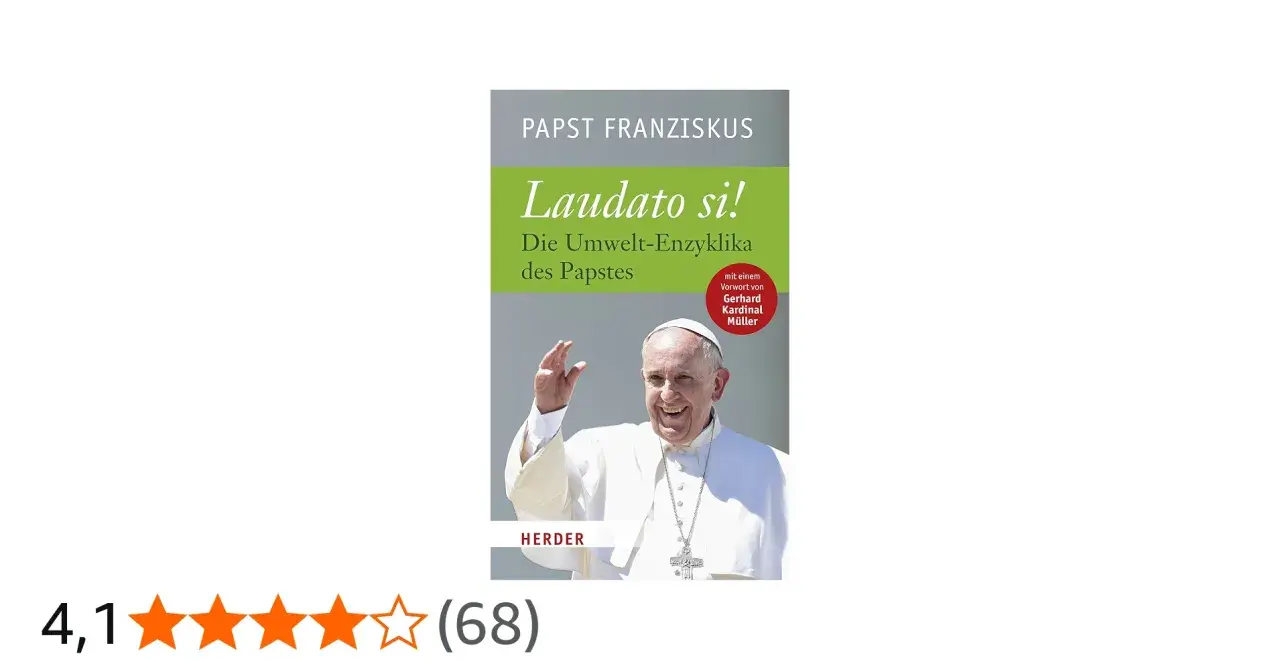 Papst Franziskus' Umwelt-Enzyklika "Laudato si!" als Buch, mit einem lächelnden Papst und Sternenbewertung.
