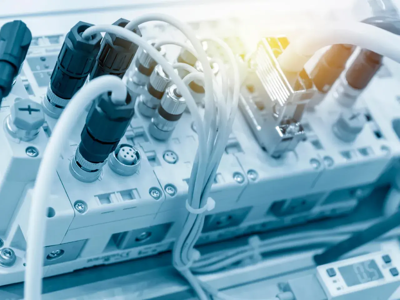 Złącza kablowe i moduły elektroniczne, w tym port RS485, tworzą skomplikowany system komunikacji.