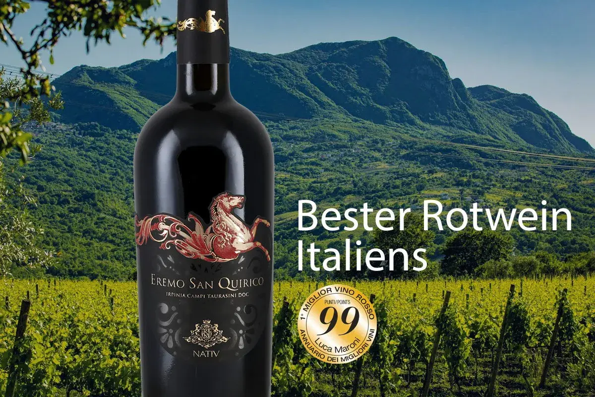 Flasche Rotwein vor malerischer Berglandschaft und Weinbergen. Luca Maroni vergibt 99 Punkte für diesen italienischen Spitzenwein.