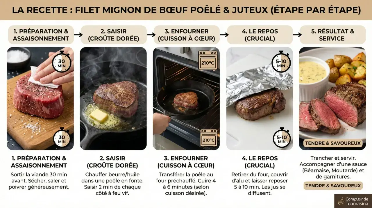 Préparation d'un filet mignon de bœuf poêlé, étape par étape : assaisonnement, saisie, cuisson au four, repos, puis service avec sauce et garnitures.