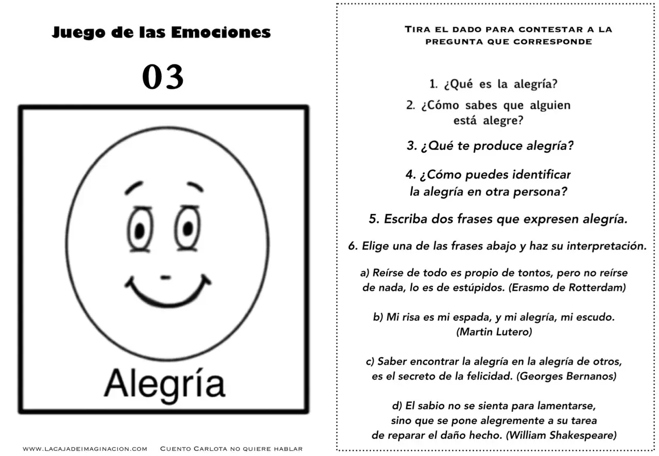 Juego de las Emociones con actividades para trabajar la alegría. Incluye preguntas y citas sobre la emoción.