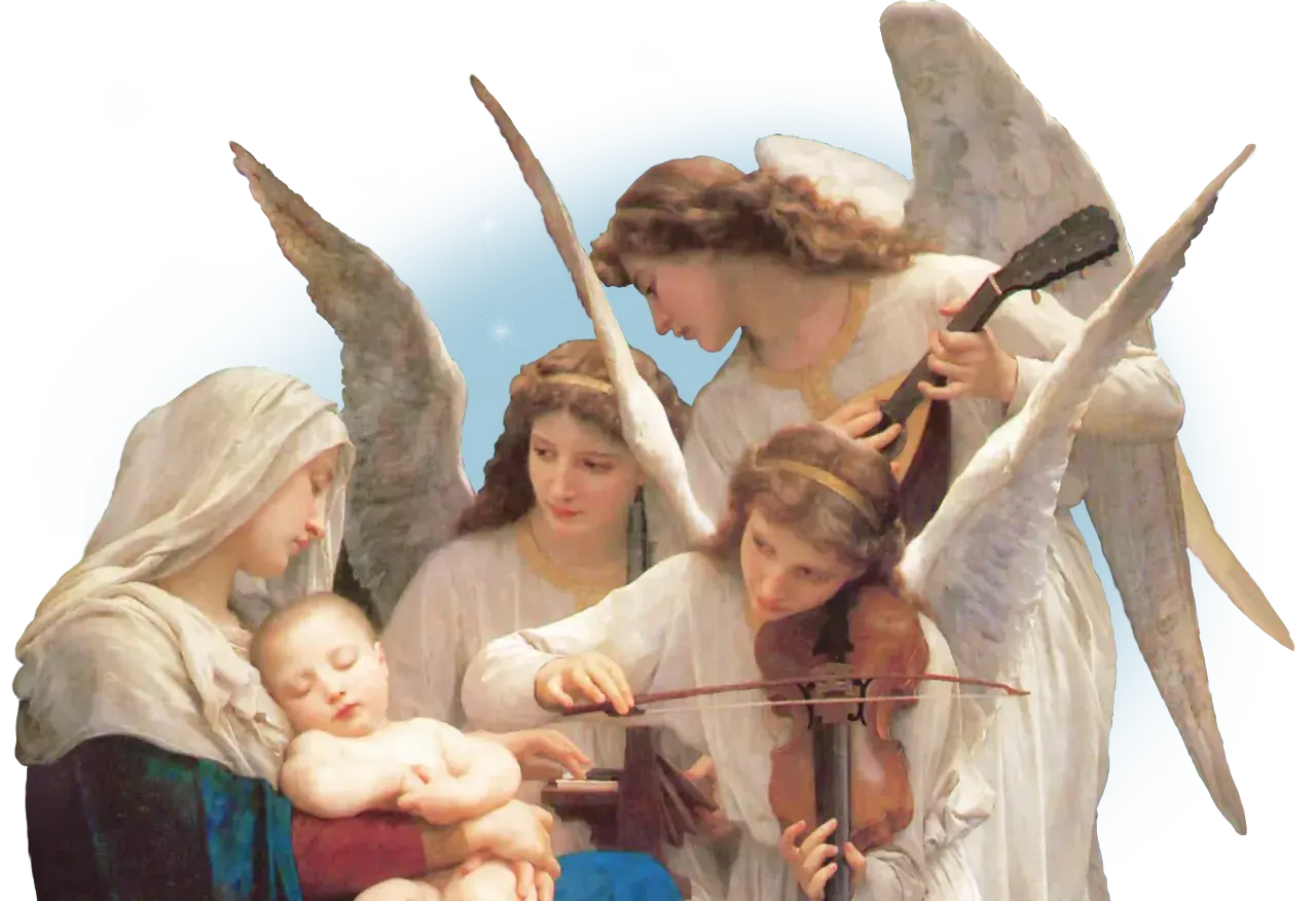 Anioł Gabriel i inni aniołowie grają muzykę dla śpiącego Dzieciątka Jezus i Maryi.