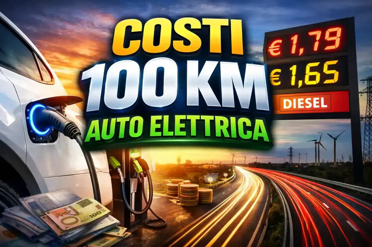 Confronto costi 100 km: auto elettrica vs diesel. Immagine con auto in carica, banconote, colonnine e prezzi carburante.