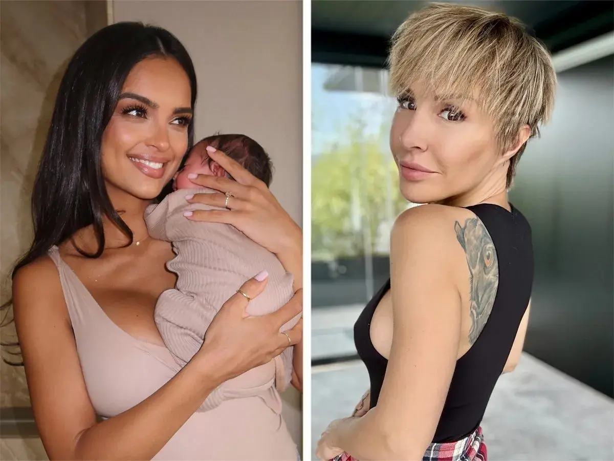 Uśmiechnięta kobieta trzyma noworodka, a obok niej stoi kobieta z krótkimi blond włosami i tatuażem. To piękna córka po francusku.