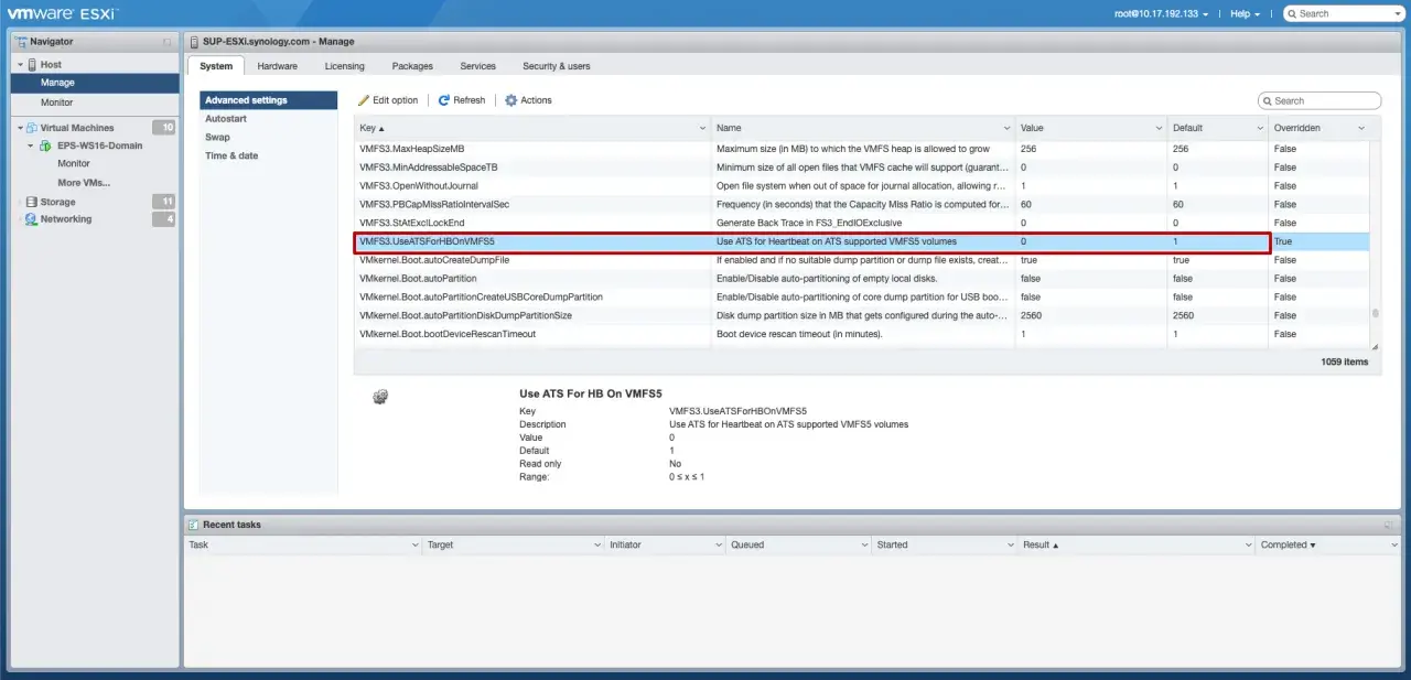 Configuración de VMFS3.UseATSForHBOnVMFS5 para latidos en volúmenes VMFS5 con iSCSI LUN.