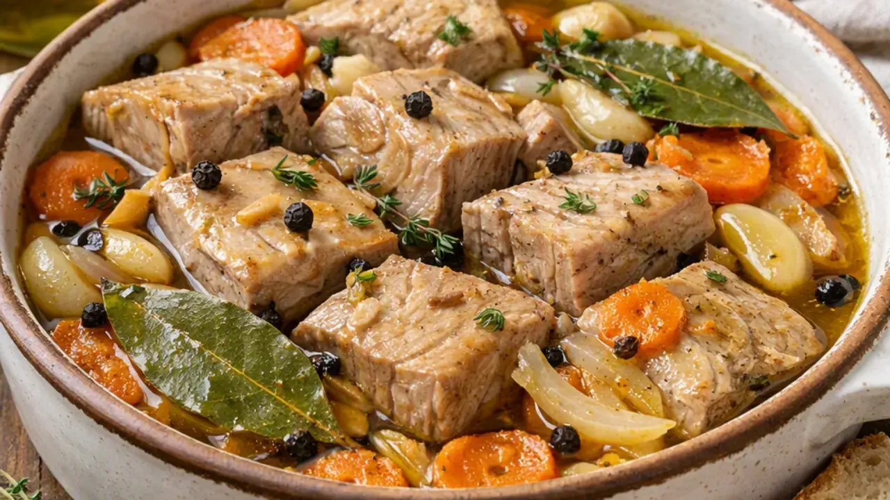 Bonito en escabeche, trozos de pescado tierno con zanahorias, cebolla y granos de pimienta negra en una cazuela.