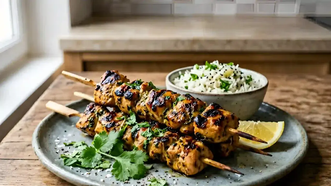 Trois brochettes de poulet grillé, garnies de coriandre fraîche et servies avec du riz et un quartier de citron.