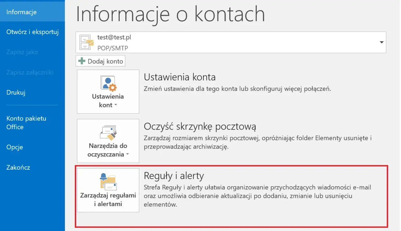 Zarządzaj regułami i alertami, aby organizować wiadomości e-mail. Ustawienia te pomagają w automatycznym przetwarzaniu poczty, np. jako autoresponder.
