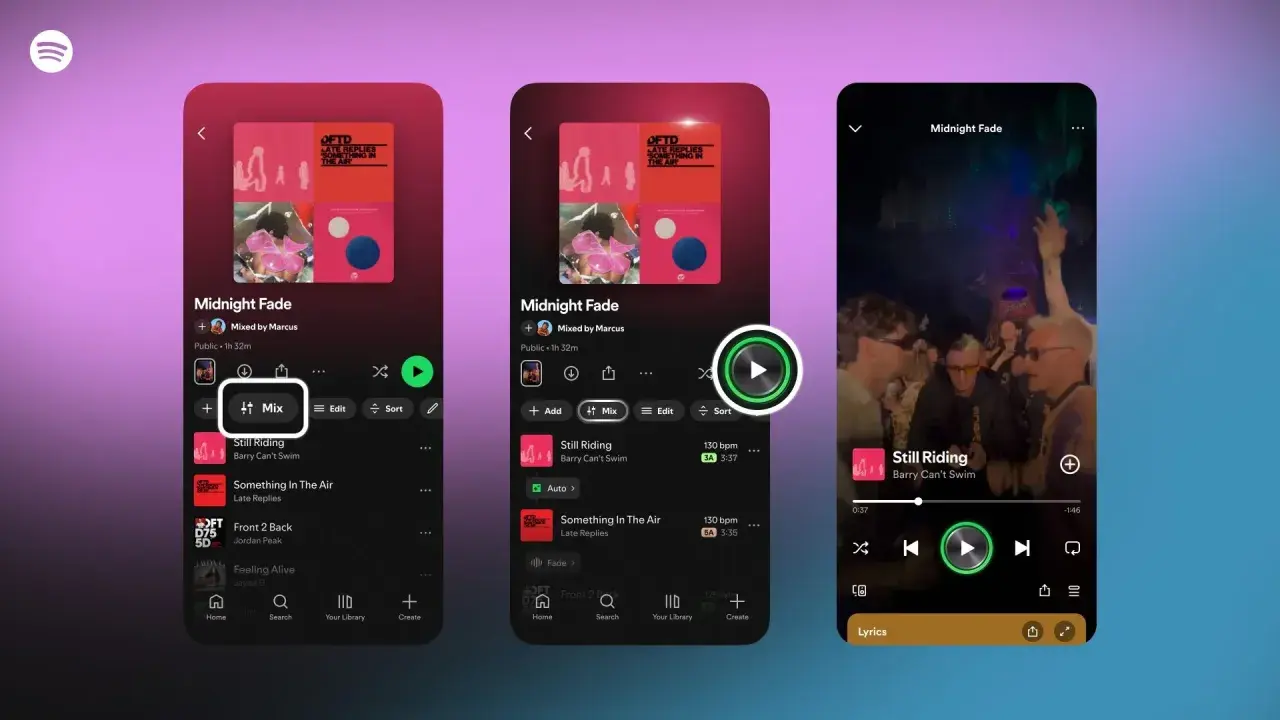 Trzy ekrany Spotify pokazują playlistę "Midnight Fade". Można dodać utwory, miksować, edytować i sortować. Idealne polskie piosenki na nocne słuchanie.