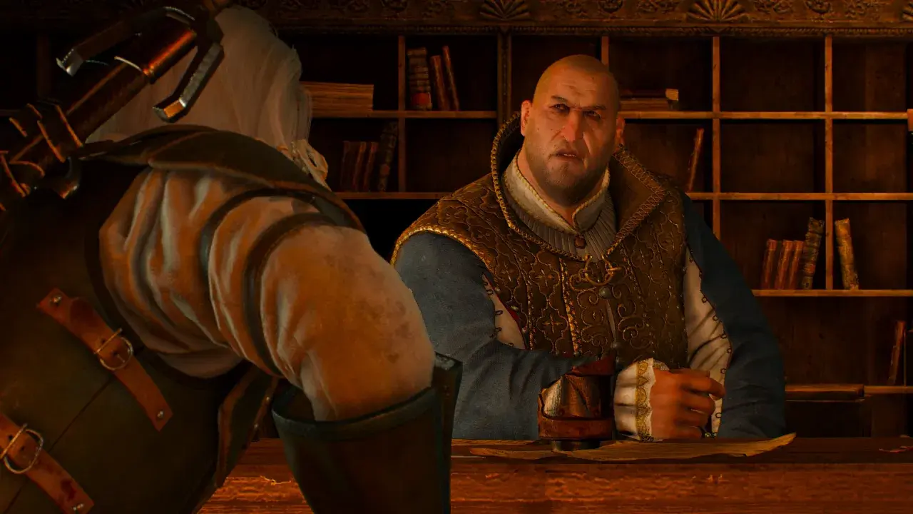 Geralt rozmawia z kupcem o skarb sigiego reuvena.