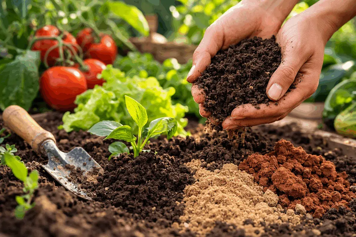 Mani che aggiungono terriccio a un orto. Ideale per capire cosa piantare su terreno argilloso.