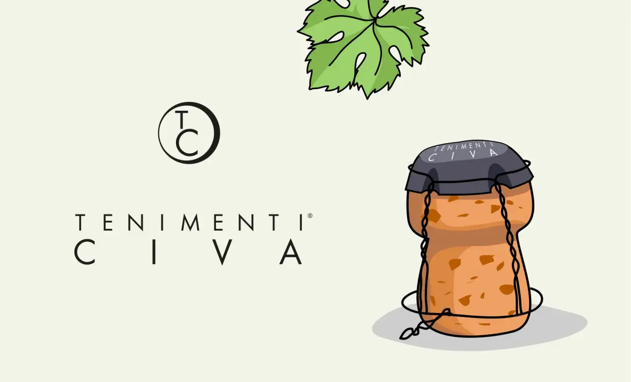 Tappo di sughero con logo "Tenimenti Civa" e foglia di vite, simbolo delle bollicine italiane.